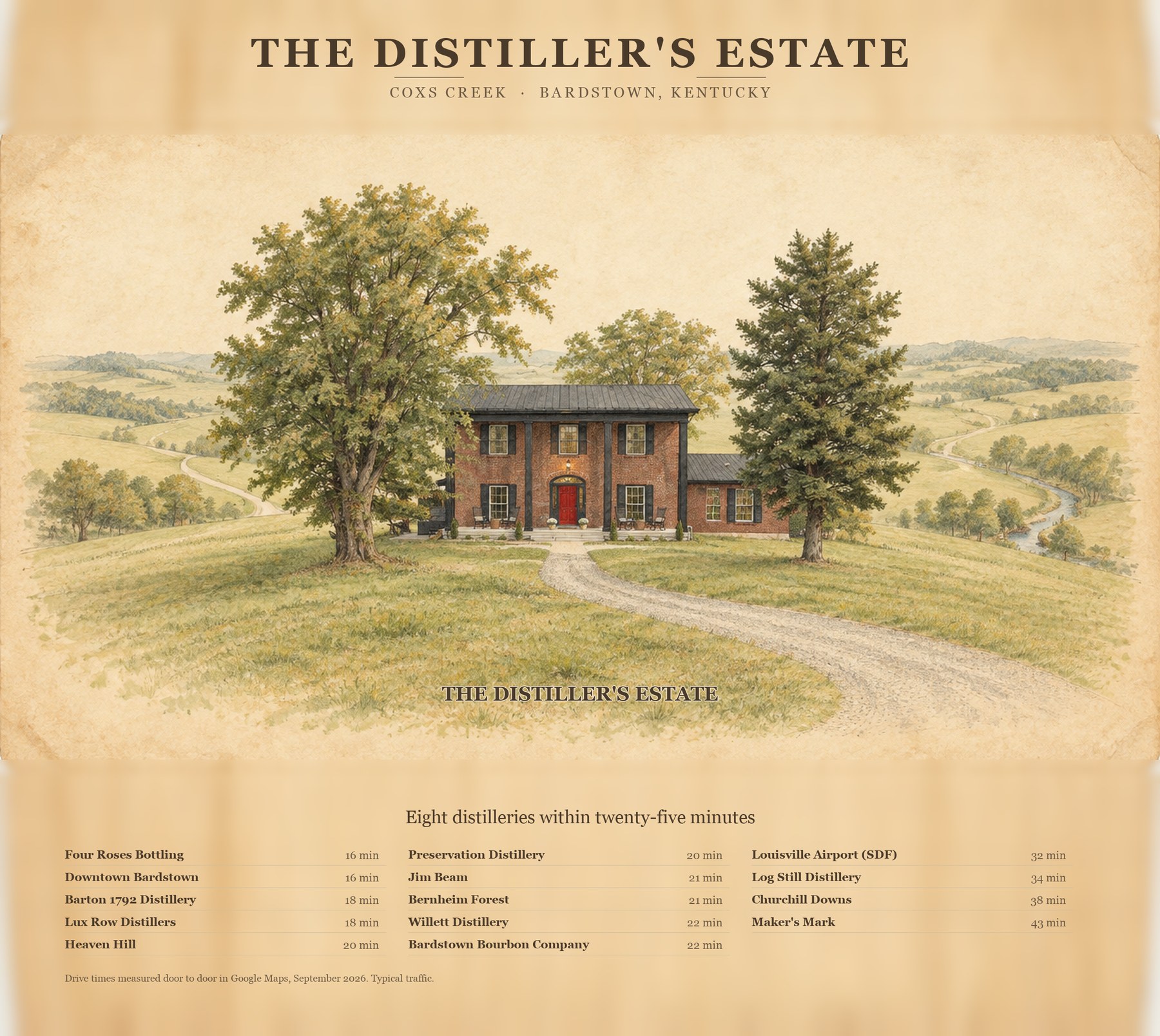 Illustrated map showing The Distiller's Estate near Kentucky distilleries