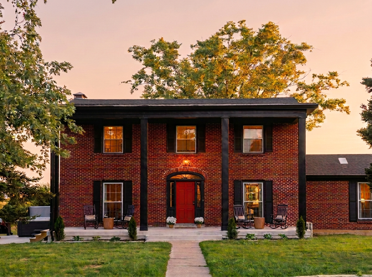 The red brick farmhouse and its welcoming front entrance